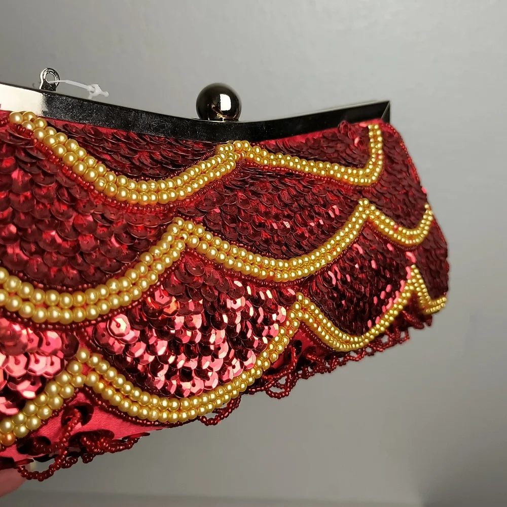 Evening Sequin Satin Mini Bag Beads Clutch Kiss Lock Red Metal Two Strap_4